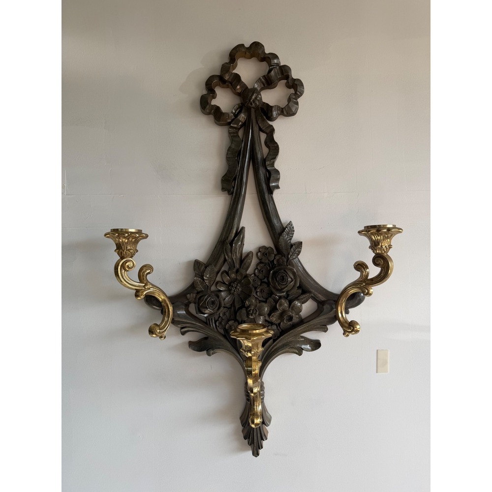 Vintage Syroco 3 Arm Wall Sconce Floral Bow Hollywood Regency Gold Faux Wood 25"